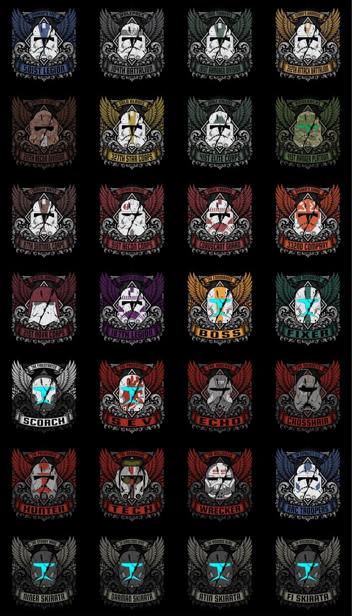 ADAKIN'S FIST WOLFPACK IRON TRIDENTS KENOBI'S HAMMERS SOIST LEGION 104TH BATTALION BIST ARMORED DIVISION 212TH ATTACK BATTALION SPECTER SCOUTS GOLD BLADES SF JUNGLE STALKERS RIDGEBACKS 212TH RECON DIVISION 327TH STAR CORPS HIST ELITE CORPS HIST RANGER PLATOON CRIMSON WATCH LIGHTNING HANDLERS SHOCK TROOPERS AHSOKA'S GUARD 87TH SENTINEL CORPS 91ST RECON CORPS CORUSCANT GUARD 332ND COMPANY GALACTIC MARINES 25 WINDU'S BLADES THE COMMANDER SF 21ST NOVA CORPS 187TH LEGION THE OPERATOR BOSS FIXER THE FIRESTARTER THE PREDATOR SF THE HACKER THE DEADEYE SCORCH SEV CROSSHAIR THE PATHFINDER THE GEARHEAD THE BULLDOZER SF THE REPUBLIC'S ELITE HUNTER TECH WRECKER ARC TROOPERS THE STEADY HAND THE DEMOLITIONS EXPERT THE WOUNDED BLADE THE WISECRACKER MEDIC DINER SKIRATA DARMAN SKIRATA ATIN SKIRATA FI SKIRATA