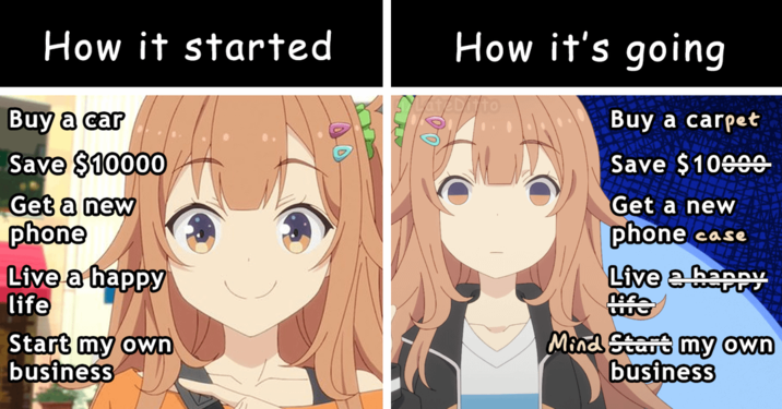How it started Buy a car Save $10000 Get a new phone Live a happy life Start my own business How it's going Buy a carpet Save $10000 Get a new phone case Live a happy m Mind Start my own business