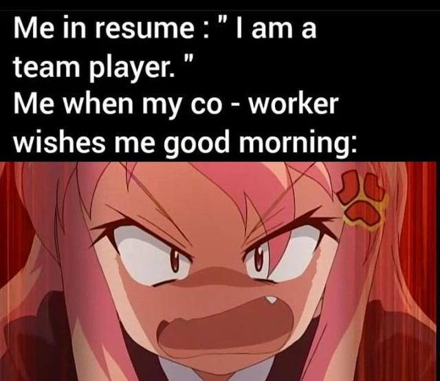 Me in resume : " I am a team player. Me when my co-worker wishes me good morning: