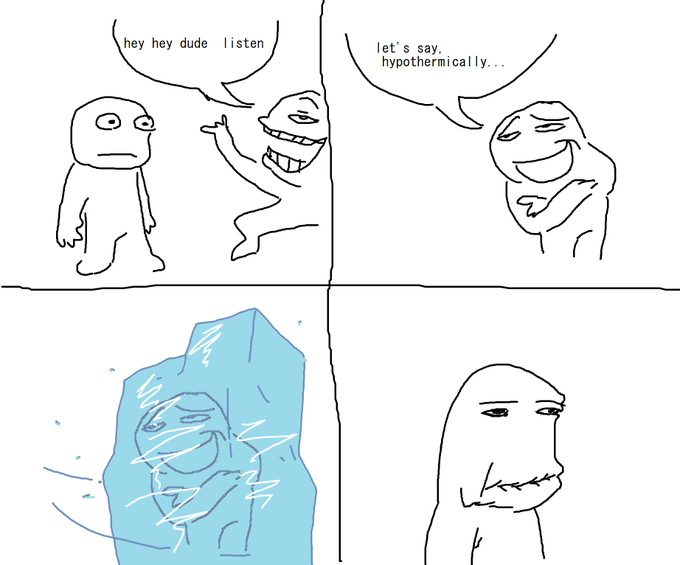 A comic by CariSwump. The comic shows a person saying "hypothermically" instead of "hypothetically" and then freezing into a block of ice.