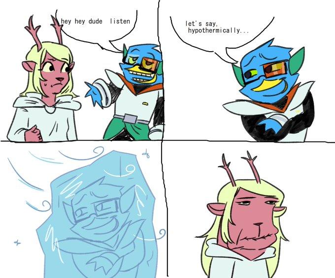 A redraw of a comic by CariSwump. The comic shows a person saying "hypothermically" instead of "hypothetically" and then freezing into a block of ice. The meme references Deltarune.