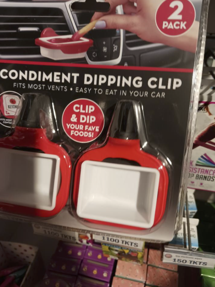 23 PACK CONDIMENT DIPPING CLIP FITS MOST VENTS EASY TO EAT IN YOUR CAR KETCH FITS HOST CONTA CLIP & DIP YOUR FAVE FOODS! 1100 TKTS 1100 TKTS SISTANCE IP BANDS tronic wipes 150 TKTS