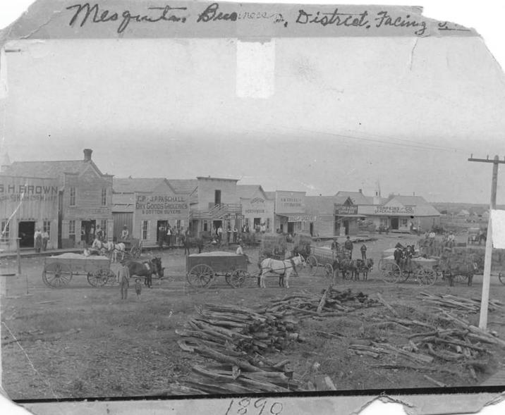 Mesquita Busineses, District, Facing S.H.BROWN DHARNESSMAN EP. JRPASCHALL DRY GOODS GROCERIES & GOTTON BUYERS A DIFERATION GESTOR GRAN HERANDE TOMPKINS CO TRUS/GUINE 1890