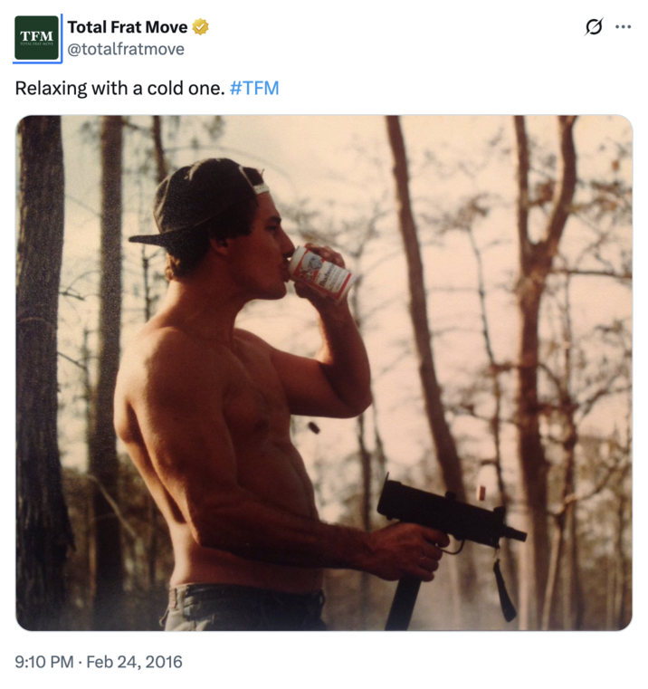 Twitter account @totalfratmove tweeted a photo of a shirtless man drinking a Budweiser while shooting a MAC-10 automatic gun alongside a caption that read, "Relaxing with a cold one. #TFM."
