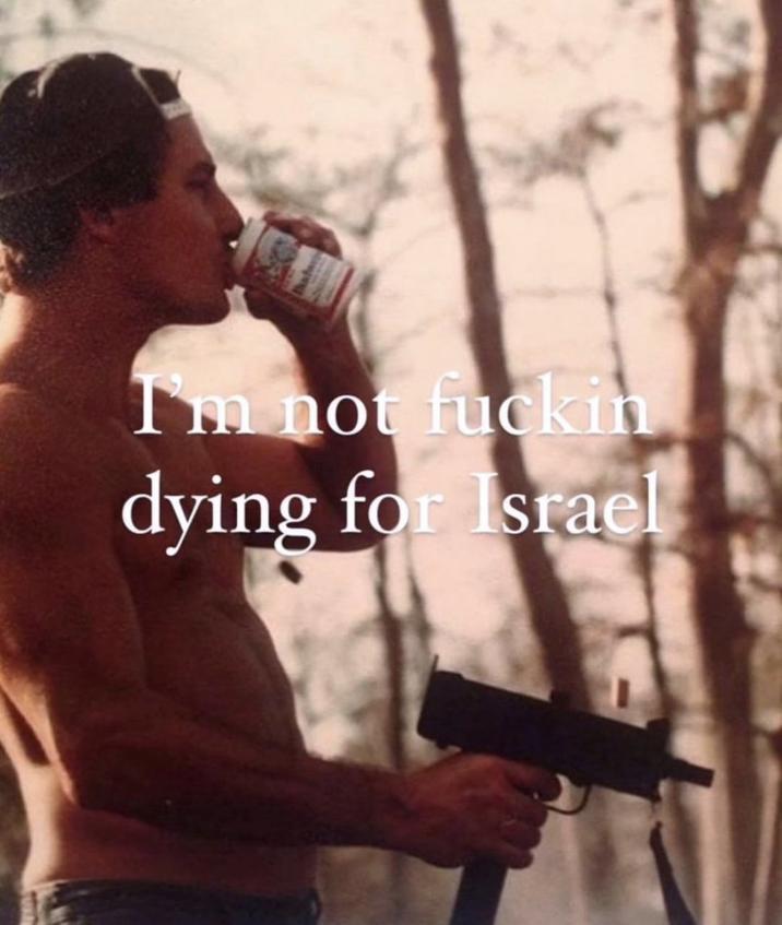 A tweet by X user @iansmithfitness that shows a photo of a shirtless man shooting a MAC-10 and drinking a Budweiser alongside text that reads, "I'm not f----- dying for Israel." 