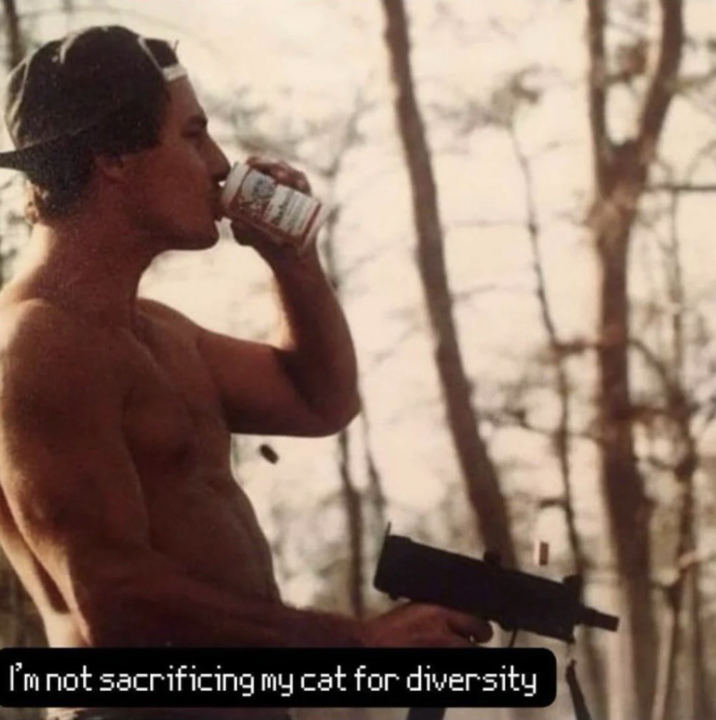 Redditor /u/saulofortiz posted a meme showing a shirtless man drinking a Budweiser and shooting a MAC-10 to the subreddit /r/brandonherrara[6] that read, "I'm not sacrificing my cat for diversity." The post gathered over 1,000 upvotes in ten months.