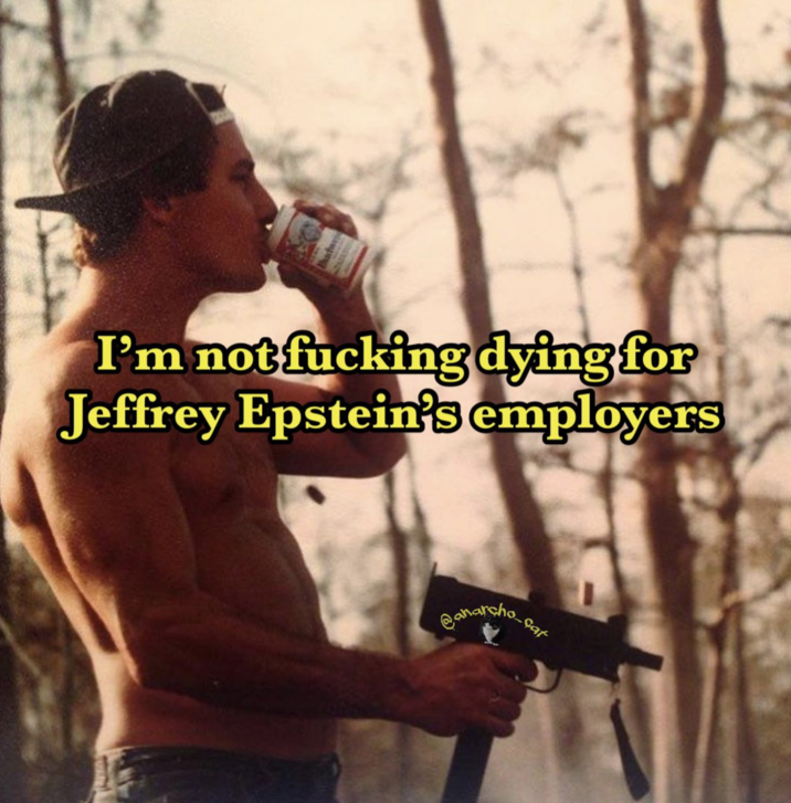 X user @anarcho_cat posted a meme showing a shirtless man shooting a MAC-10 and drinking a Budweiser. The post read, "I'm not f------ dying for Jeffrey Epstein's employers," and gathered over 300 likes in three weeks.