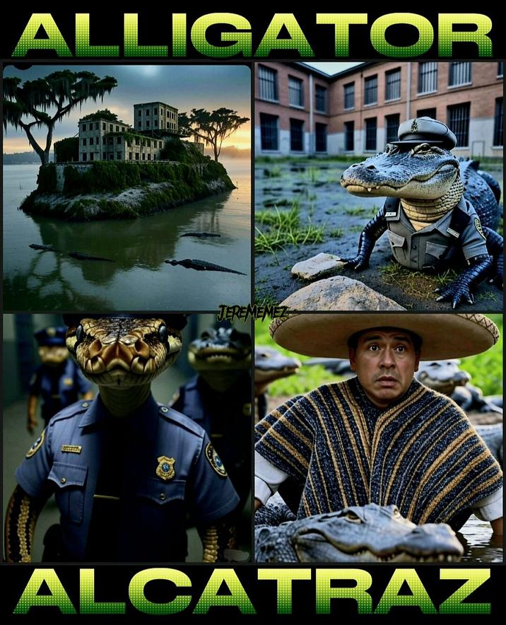A selection of AI-generated memes about Alligator Alcatraz. The memes are by Jere_Memez.