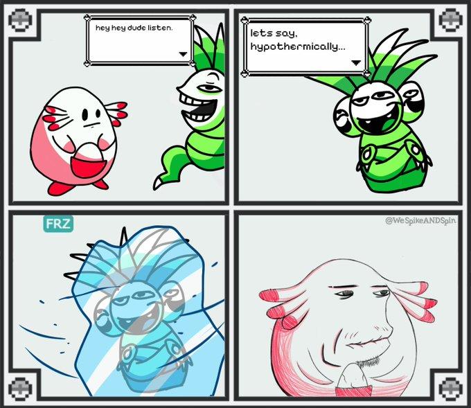 A redraw of a comic by CariSwump where someone is frozen into a block of ice after saying "hypothermically" instead of "hypothetically." The meme references Pokemon.