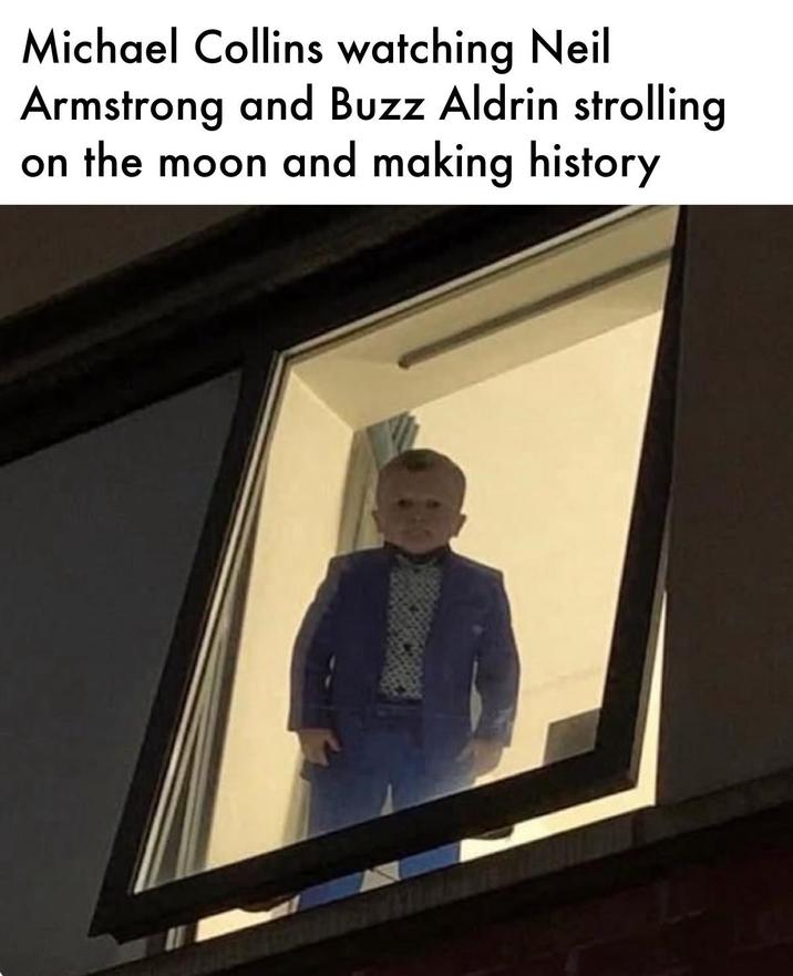 Michael Collins watching Neil Armstrong and Buzz Aldrin strolling on the moon and making history