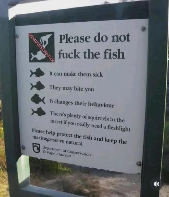 yeetbob.yeetpants Please do not f--- the fish It can make them sick They may bite you It changes their behaviour There's plenty of squirrels in the forest if you really need a fleshlight Please help protect the fish and keep the marine reserve natural Department of Conservation Te Papa Atawhai