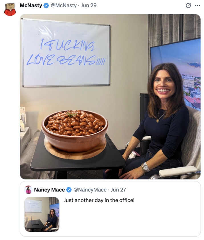 A "quote-tweet":https://knowyourmeme.com/memes/quote-retweets-qrts from "Twitter / X":https://knowyourmeme.com/memes/sites/twitter-x user McNasty of a post from "U.S.":https://knowyourmeme.com/memes/cultures/united-states-of-america Congresswoman Nancy Mace.