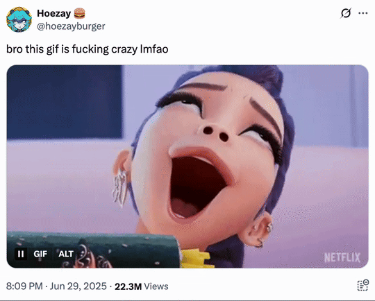 June 29th, 2025 tweet by @hoezayburger X user @hoezayburger tweeted a GIF from the Netflix show _K-Pop Demon Hunters_, showing a character named Rumi sniffing a roll of kimbap. The caption on the tweet read, "bro this gif is f------ crazy lmfao."