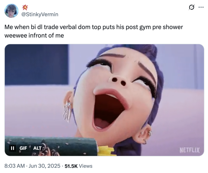 June 30th, 2025 tweet by @StinkyVermin X user @StinkyVermin posted the GIF of Rumi from _K-Pop Demon Hunters_ smelling a kimbap roll, writing, "Me when bi dl trade verbal dom top puts his post gym pre shower weewee infront of me."
