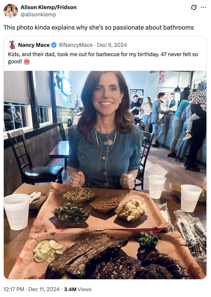 This photo kinda explains why she’s so passionate about bathrooms A "quote-tweet":https://knowyourmeme.com/memes/quote-retweets-qrts of Congresswoman Nancy Mace's beans photo, captioned, "This photo kinda explains why she’s so passionate about bathrooms," concerning Mace's "Nancy Mace's Transgender Capitol Bathroom Bill":https://knowyourmeme.com/memes/events/nancy-maces-transgender-capitol-bathroom-bill.