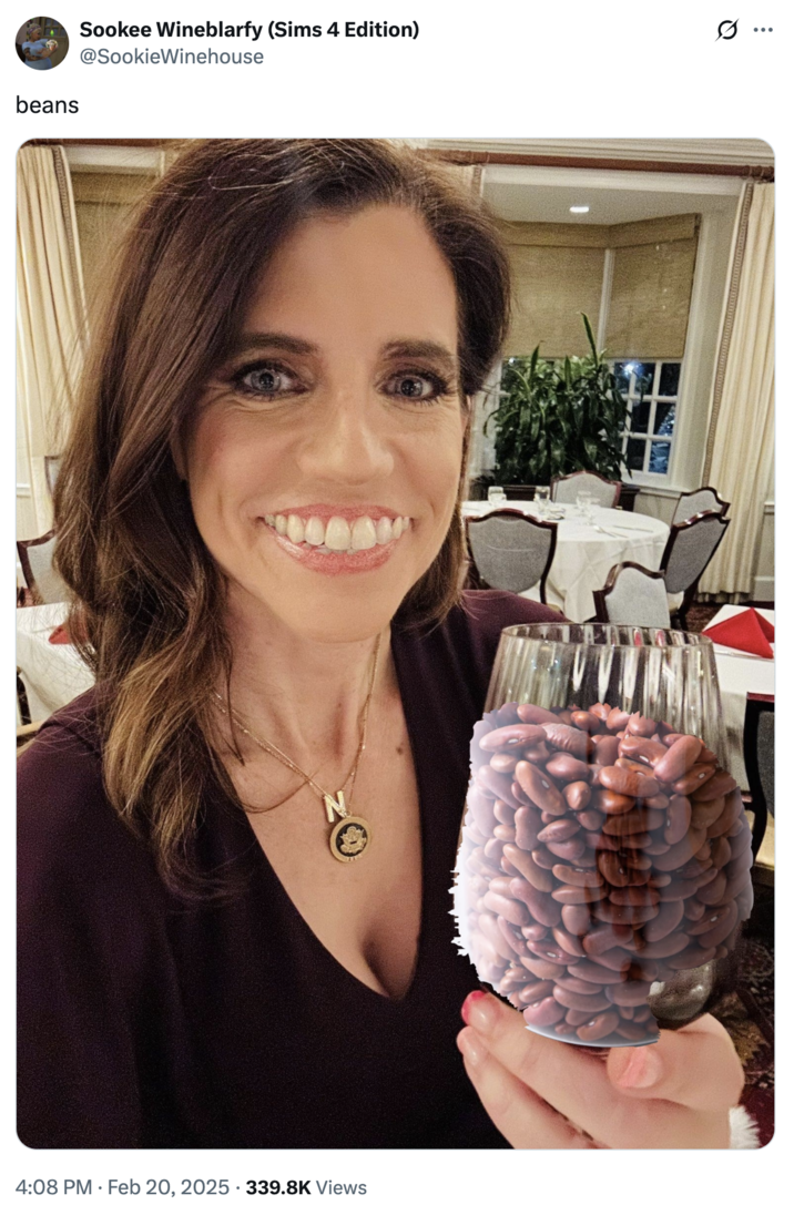 Nancy Mace holding wine glass of beans An edited photo of "U.S.":https://knowyourmeme.com/memes/cultures/united-states-of-america Congresswoman Nancy Mace holding a wine glass with beans in it.