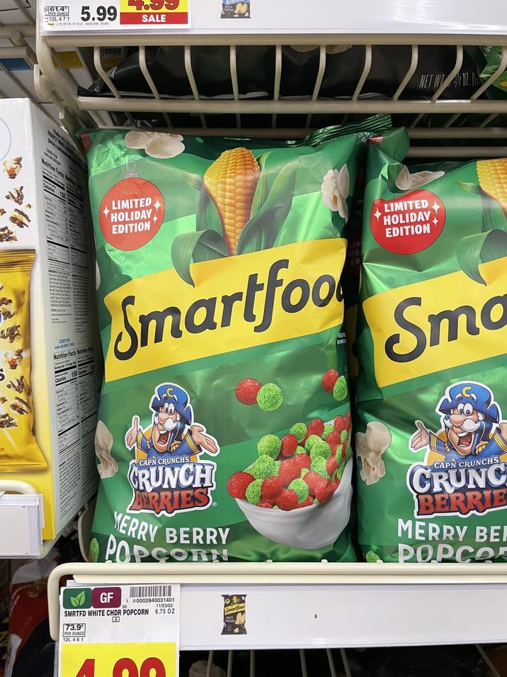 61.4 PER OUNCE 12L 471 5.99 L1N OF 67 P-1512 1404MX MGM4 CHIC Nutrition Facts alates 150 SALE LIMITED HOLIDAY EDITION W NET WT 02. CANDY ROP Nutrition Facts Nutrition Fac Calories 150 Calori Smartfoo LIN HO ED LIMITED HOLIDAY EDITION Smo CAPN CRUNCH'S CRUNCH BERRIES MERRY BERRY POPCORN CAPN CRUNCH'S CRUNC BERRIE MERRY BEI POPCO GF 1 A0002840031401 11/23/22 SMRTFD WHITE CHDR POPCORN 6.75 OZ 73.9 PER OUNCE 12L 461 17 4
