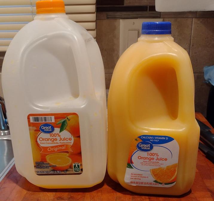 Great Value 100% Orange Juice From Concentrate, Pasteurized Original CALCIUM+VITAMIN D NO PULP Great Value 100% Orange Juice From Concentrate with Calcium, Vitamins D&C & Other Natural Flavors PERISHABLE KEEP REFRIGERATED SHAKE WELL BEFOPE SERVING serving suggestion 128 FL OZ (1 GAL) 3.78L GREAT FOR YOU An excellent source of Vitamin C per serving 89 FL OZ (2 QT 25 FL OZ) 2.63 L