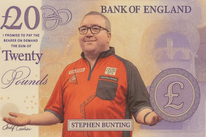 X user @joshpearson180 tweeted a Photoshopped 20-pound note featuring Stephen Bunting, a British dart player sometimes referred to as "the Bullet." The post quoted a post by the BBC announcing that the Bank of England is set to redesign banknotes and is taking suggestions from the public. 