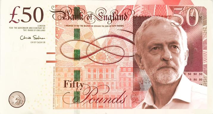 X user @Agitate4Change posted a version of a 50-pound note edited to show Jeremy Corbyn, gathering over 1,500 likes in a day.