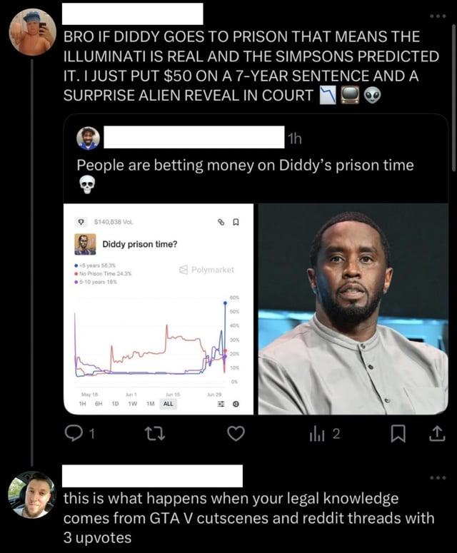BRO IF DIDDY GOES TO PRISON THAT MEANS THE ILLUMINATI IS REAL AND THE SIMPSONS PREDICTED IT. I JUST PUT $50 ON A 7-YEAR SENTENCE AND A SURPRISE ALIEN REVEAL IN COURT 1h People are betting money on Diddy's prison time $140,838 Vol Diddy prison time? No Prison Time 24.3% 5-10 years 10% May 18 سلم A1 1H 6H 1D TW 1M ALL 27 Polymarket A 00% 50% 30% 20% 10% 0% Jun 29 l 2 ㅁ 소 this is what happens when your legal knowledge comes from GTA V cutscenes and reddit threads with 3 upvotes