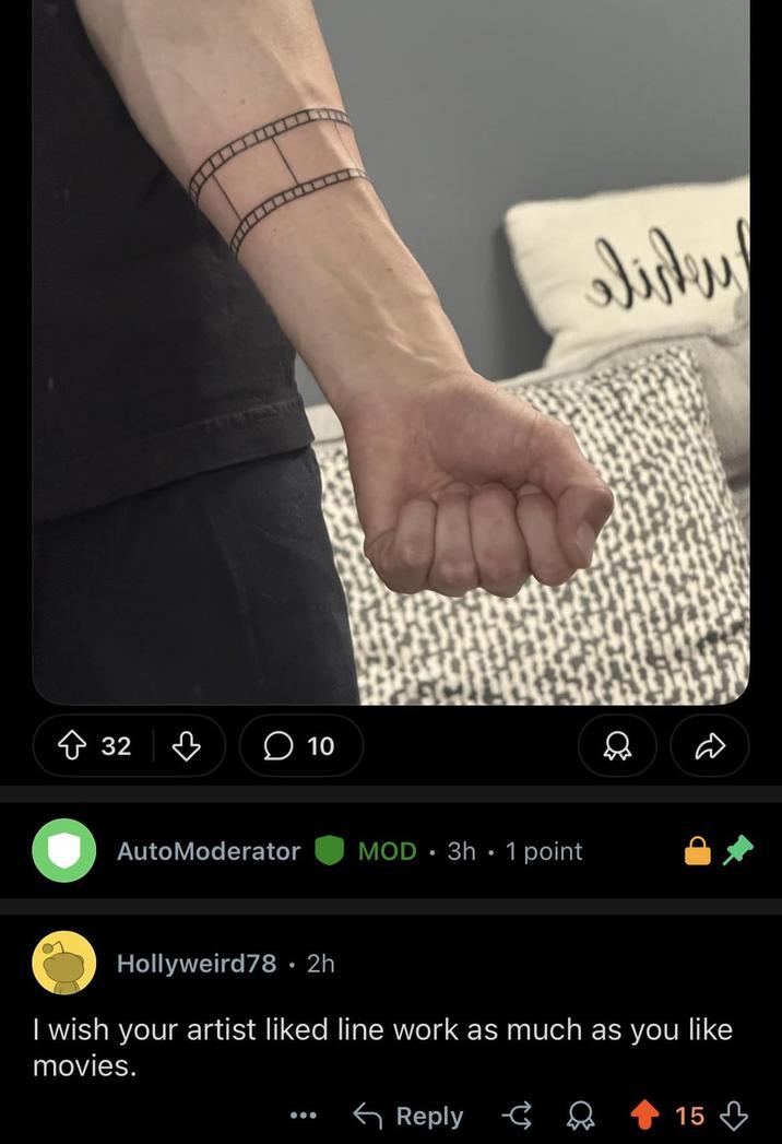 32 10 AutoModerator MOD 3h 1 point alidey Hollyweird78 • 2h I wish your artist liked line work as much as you like movies. Reply 15