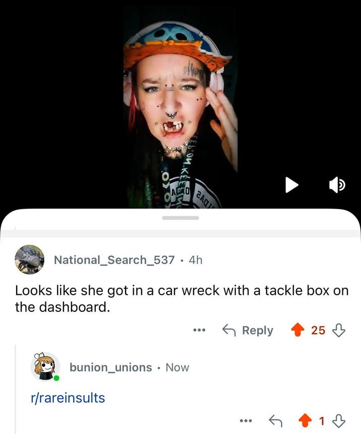 OA ГАЦУ National_Search_537.4h Looks like she got in a car wreck with a tackle box on the dashboard. Reply 25 bunion_unions Now r/rareinsults 1