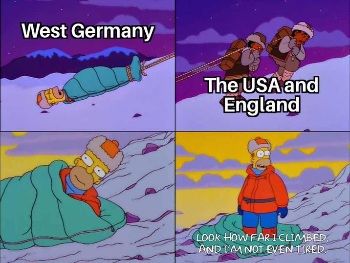 West Germany The USA and England LOOK HOW FAR I CLIMBED AND I'M NOT EVEN TIRED