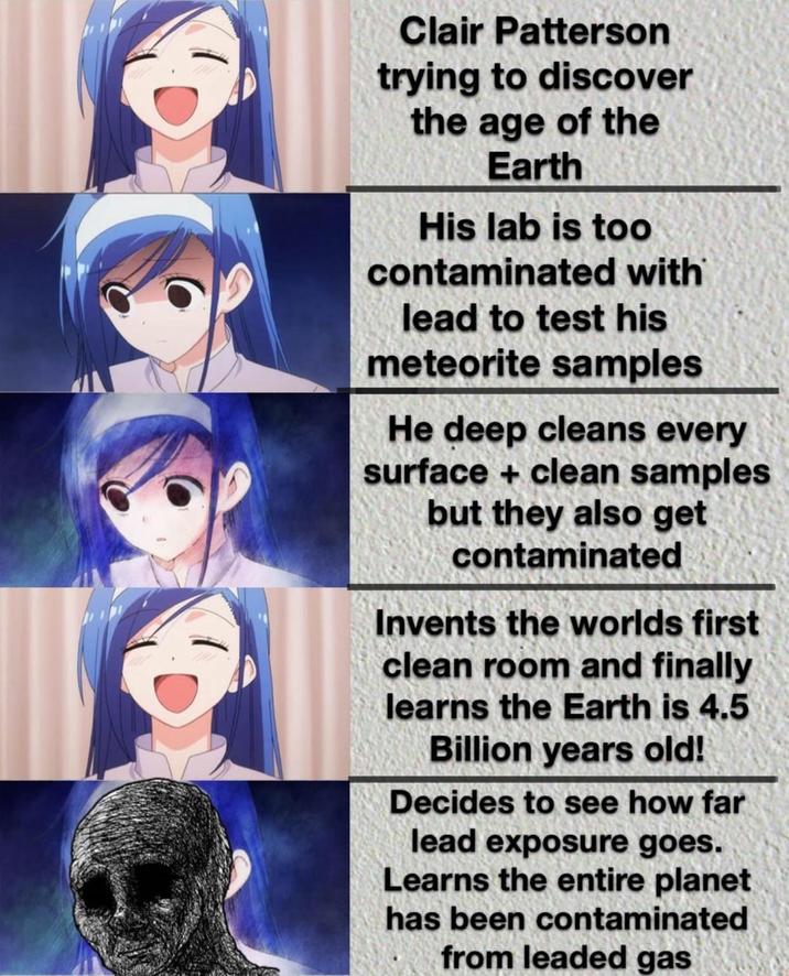 Clair Patterson trying to discover the age of the Earth His lab is too contaminated with lead to test his meteorite samples He deep cleans every surface + clean samples but they also get contaminated Invents the worlds first clean room and finally learns the Earth is 4.5 Billion years old! Decides to see how far lead exposure goes. Learns the entire planet has been contaminated from leaded gas