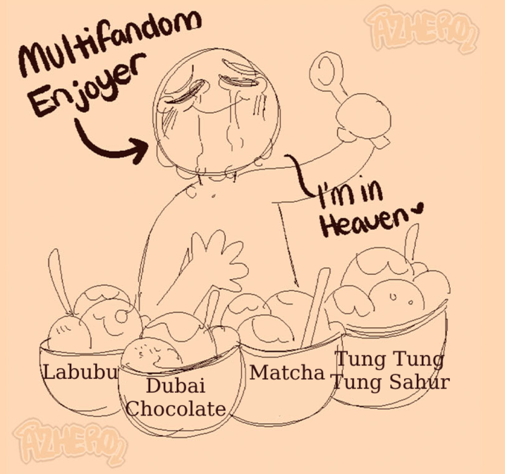 A "Multifandom Enjoyer":https://knowyourmeme.com/memes/multifandom meme using "Slang Overload":https://knowyourmeme.com/memes/slang-overload of 2025 crazes and fads like "Labubu Toys":https://knowyourmeme.com/memes/subcultures/labubu-toys, matcha drinks and "Dubai Chocolate Bars":https://knowyourmeme.com/memes/subcultures/dubai-chocolate-bar. 