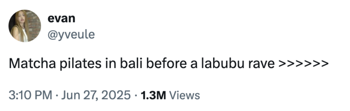 evan @yveule Matcha pilates in bali before a labubu rave >>>>>> 3:10 PM Jun 27, 2025 1.3M Views