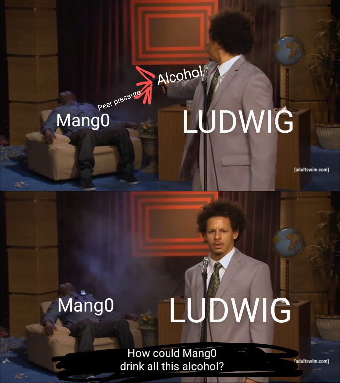 Context: Ludwig held a gaming event. He invited Mang0 to participate. Ludwig pressured Mang0 into drinking, despite b ing a known alcoholic. Mang0 reached lethal levels as Ludwig cheered him on.

Now Ludwig is facing fire for throwing his friend under the bus as he started to get more aggressive. As such, Ludwig is spineless.