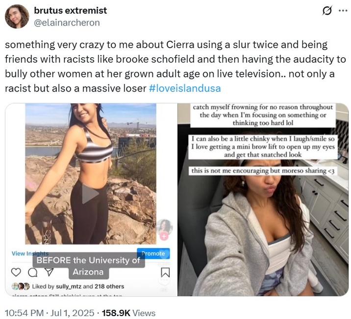something very crazy to me about Cierra using a slur twice... A post criticizing Cierra from Love Island for using slurs in past Instagram posts. The post is by X user @elainarcheron.