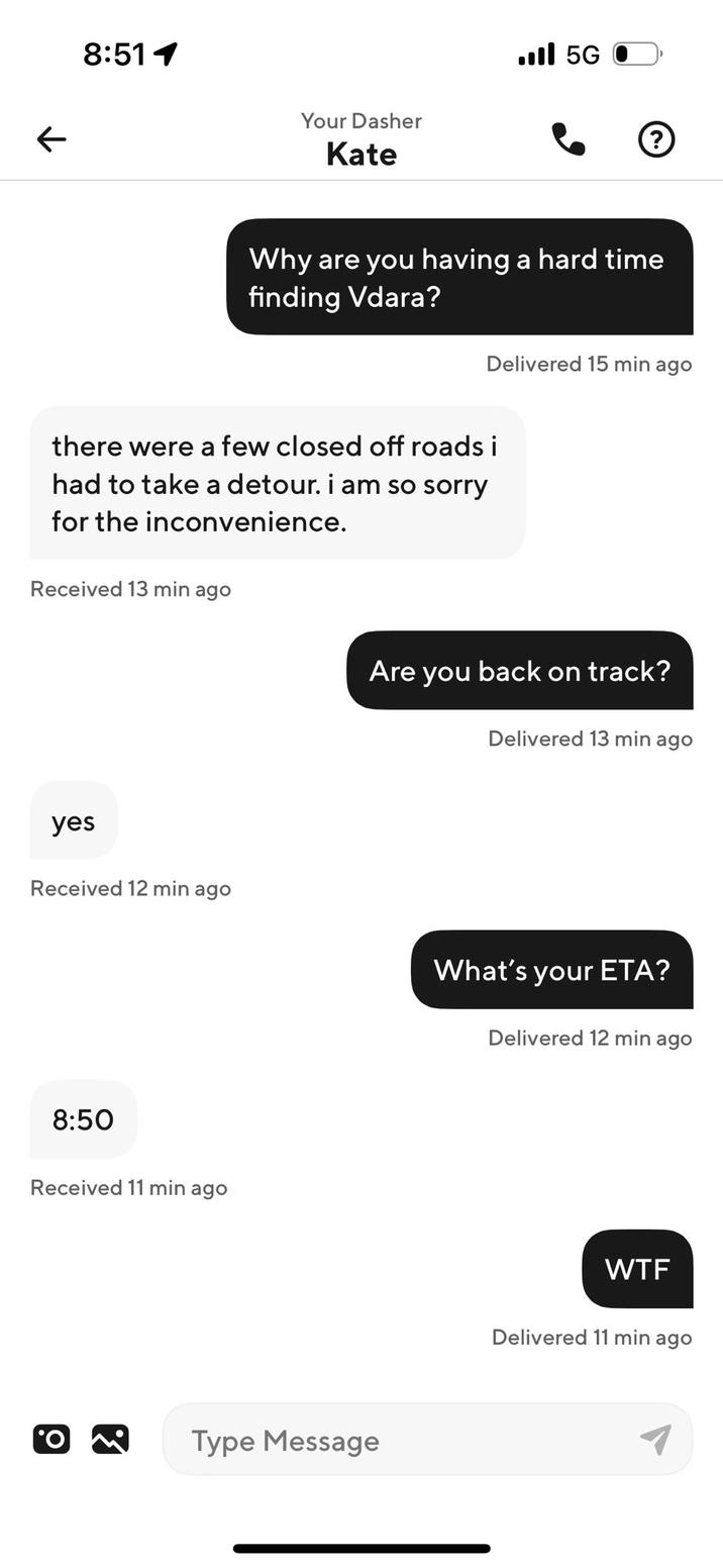 One of several screenshots posted by X user @icmpressure showing them sending exasperated and angry messages to a DoorDash delivery woman who was 20 minutes late on the order.