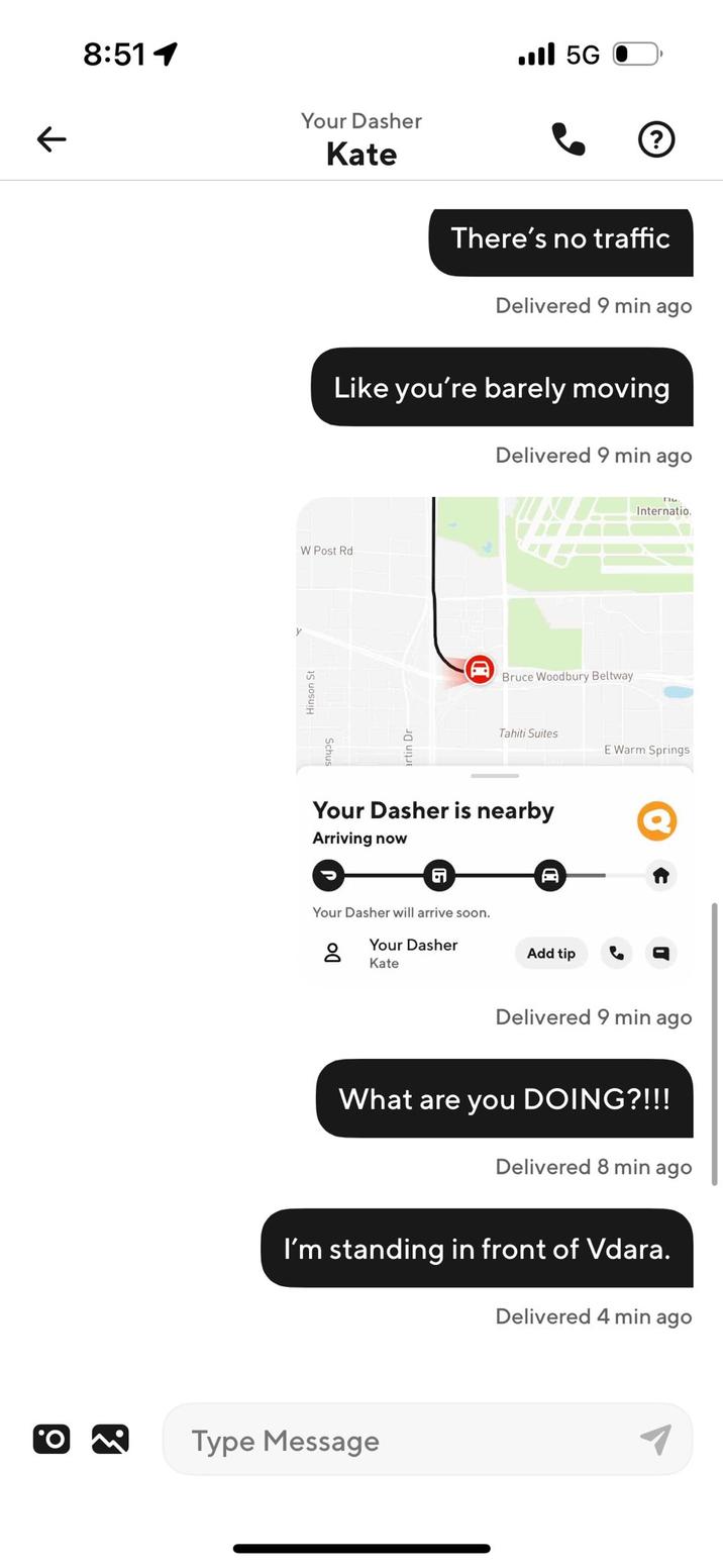 Third of several screenshots posted by X user @icmpressure showing them sending exasperated and angry messages to a DoorDash delivery woman who was 20 minutes late on the order.