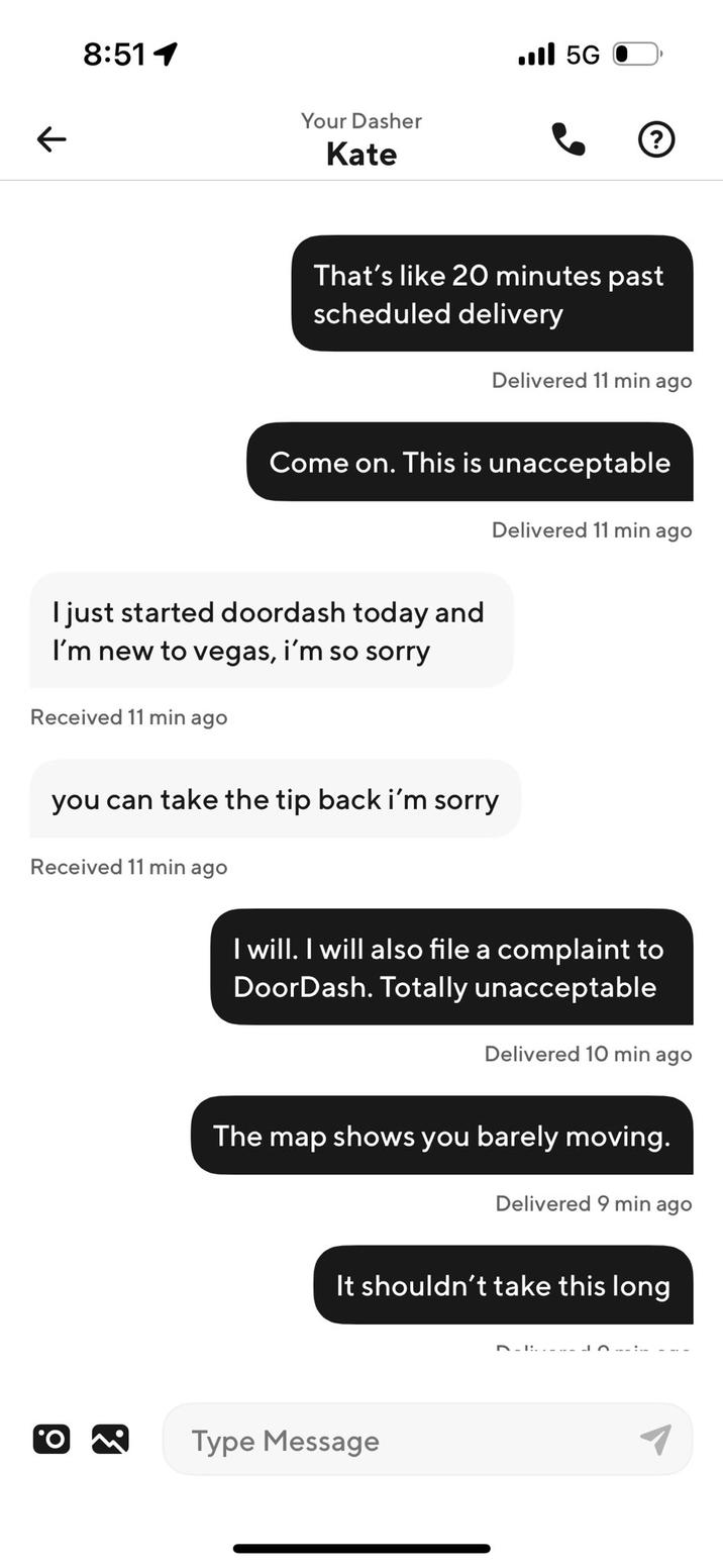 Second of several screenshots posted by X user @icmpressure showing them sending exasperated and angry messages to a DoorDash delivery woman who was 20 minutes late on the order.