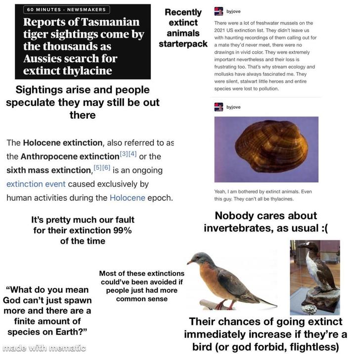 60 MINUTES NEWSMAKERS Reports of Tasmanian tiger sightings come by the thousands as Aussies search for extinct thylacine Recently extinct animals starterpack byjove There were a lot of freshwater mussels on the 2021 US extinction list. They didn't leave us with haunting recordings of them calling out for a mate they'd never meet, there were no drawings in vivid color. They were extremely important nevertheless and their loss is frustrating too. That's why stream ecology and mollusks have always fascinated me. They were silent, stalwart little heroes and entire species were lost to pollution.. Sightings arise and people speculate they may still be out there byjove The Holocene extinction, also referred to as the Anthropocene extinction [3][4] or the sixth mass extinction, [5] [6] is an ongoing extinction event caused exclusively by human activities during the Holocene epoch. It's pretty much our fault for their extinction 99% of the time Yeah, I am bothered by extinct animals. Even this guy. They can't all be thylacines. Nobody cares about invertebrates, as usual :( "What do you mean God can't just spawn more and there are a finite amount of species on Earth?" made with mematic Most of these extinctions could've been avoided if people just had more common sense Their chances of going extinct immediately increase if they're a bird (or god forbid, flightless)