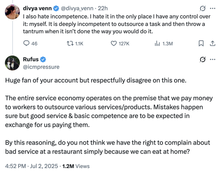 X user @icmpressure tweeted a response to someone criticising his approach to dealing with a late food delivery, writing, "The entire service economy operates on the premise that we pay money to workers to outsource various services/products. Mistakes happen sure but good service & basic competence are to be expected in exchange for us paying them. By this reasoning, do you not think we have the right to complain about bad service at a restaurant simply because we can eat at home?"