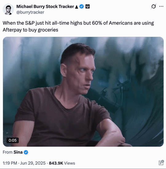 June 29th, 2025 tweet by @burrytracker X user @burrytracker tweeted a video of Peter Thiel with an ocean wave crashing behind him. The video was captioned, "When the S&P just hit all-time highs but 60% of Americans are using Afterpay to buy groceries."