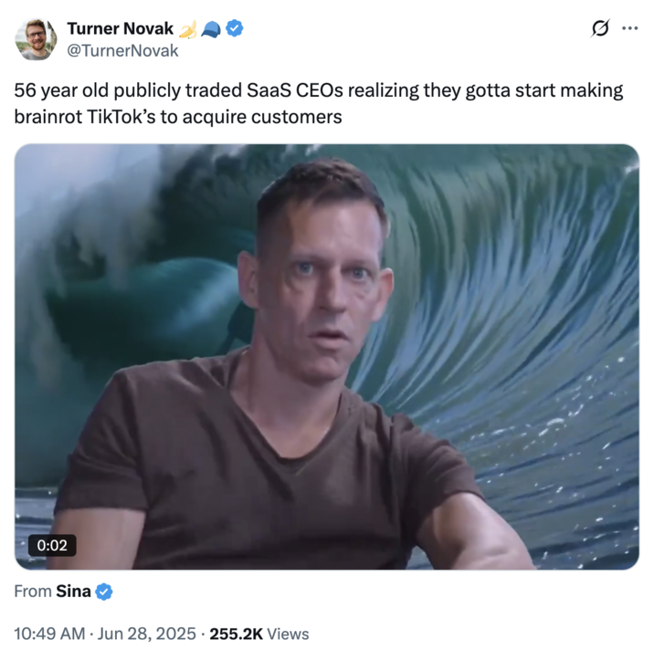 June 28th, 2025 tweet by @TurnerNovak X user @TurnerNovak tweeted a video of Peter Thiel with a wave crashing behind him, writing, "56 year old publicly traded SaaS CEOs realizing they gotta start making brainrot TikTok’s to acquire customers" and gathering over 3,000 likes in five days.