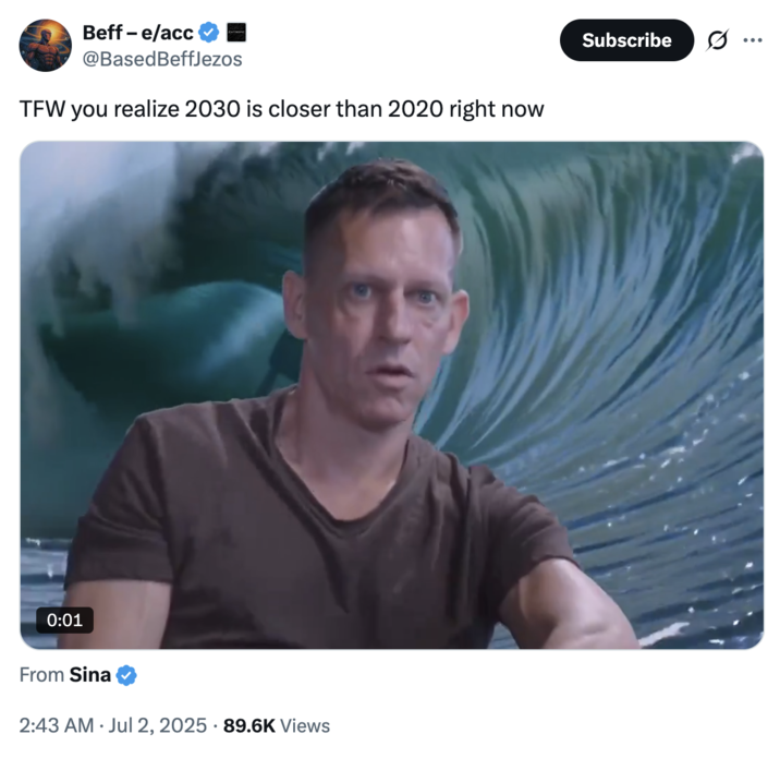 June 2nd, 2025 tweet by @BasedBeffJezos X user @BasedBeffJezos tweeted "TFW you realize 2030 is closer than 2020 right now" alongside a "Thiel Wave" meme.