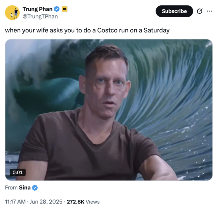 June 28th, 2025 tweet by @TrungTPhan X user @TrungTPhan tweeted, "when your wife asks you to do a Costco run on a Saturday," alongside a Thiel Wave meme.