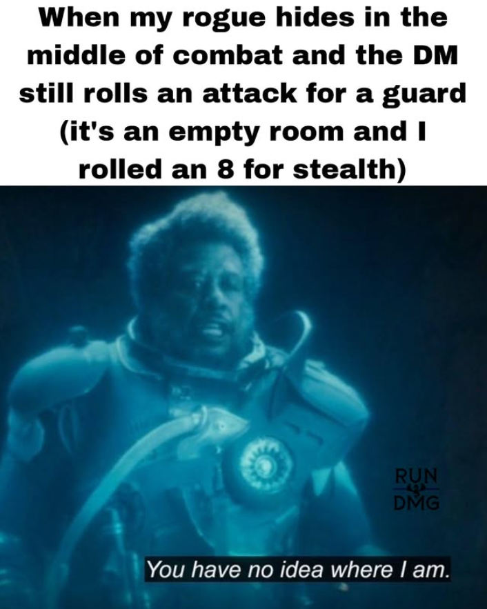 When my rogue hides in the middle of combat and the DM still rolls an attack for a guard (it's an empty room and I rolled an 8 for stealth) RUN DMG You have no idea where I am.