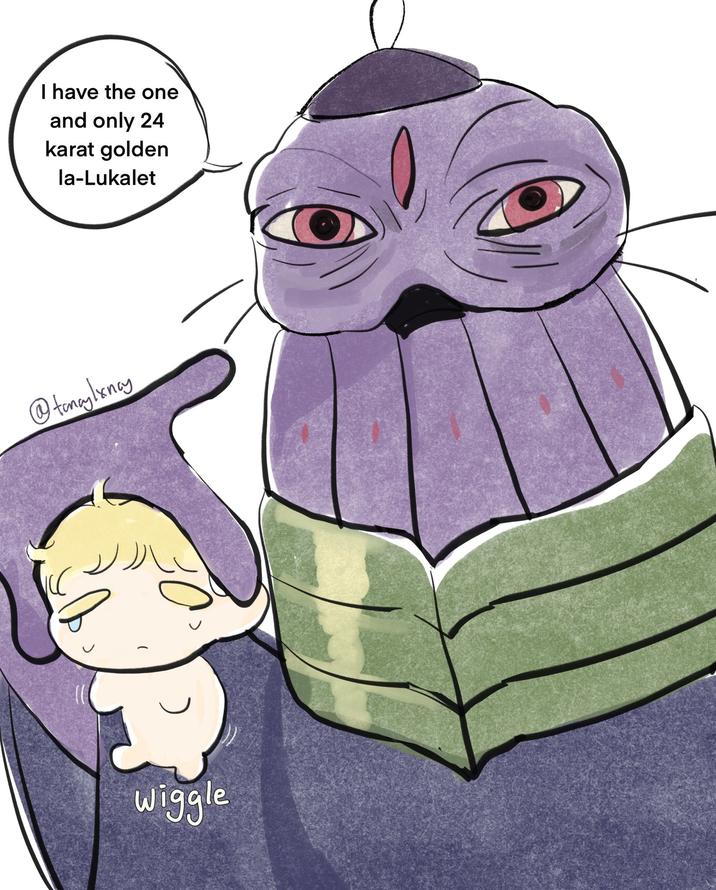 X user @fancylxncy posted artwork inspired by the "24karat Gold Labubu":https://knowyourmeme.com/memes/24-karat-gold-labubu-la-bew-bew TikTok, depicting characters from _Alien Stage_.