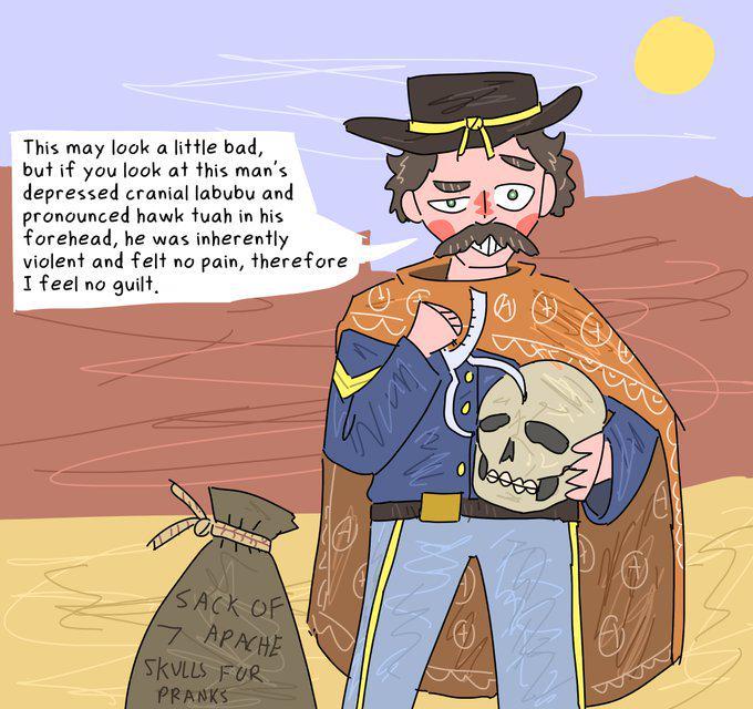 This may look a little bad, but if you look at this man's depressed cranial labubu and pronounced hawk tuah in his forehead, he was inherently violent and felt no pain, therefore I feel no guilt. шал SACK OF APACHE SKULLS FUR PRANKS 6