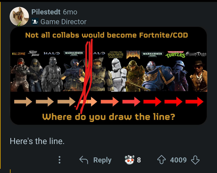 Pilestedt 6mo Game Director Not all collabs would become Fortnite/COD KILLZONE STARSHIP ROOPERS HALO WARHAMMER 40,000 ALD STAR DOOM TEENAGE MUTANT NINJA WARHAMMER 40,000 TURTLES Doza TTTTTTTTT Where do you draw the line? Here's the line. ← Reply 8 ✰ 4009