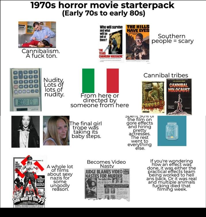 1970s horror movie starterpack (Early 70s to early 80s) Who will survive and what will be left of them? THE HILLS HAVE EYES Southern people scary Cannibalism. A f--- ton. THE TEXAS CHAINSAW MASSACRE 80081 ES MOST DREADED OF terrible even the SS feared her! Nudity Lots of lots of nudity. ILSA She Wolf of the 47 From here or directed by someone from here The final girl trope was taking its baby steps. A whole lot of films about sexy nazis for some ungodly reason. Becomes Video Nasty JUDGE BLAMES VIDEO NASTIES FOR MURDER Cannibal tribes CAPTURED TORTURED ERTEN ALIVE IN THE LAND OF THE CANNIBALS 70 C Spent the film on gore effects and hiring pretty actresses. The rest went to everything else. CANNIBAL HOLOCAUST If you're wondering how an effect was done, it was either the practical effects team "being worked to ans back. Or it was real and multiple animals f------ died that filming week.