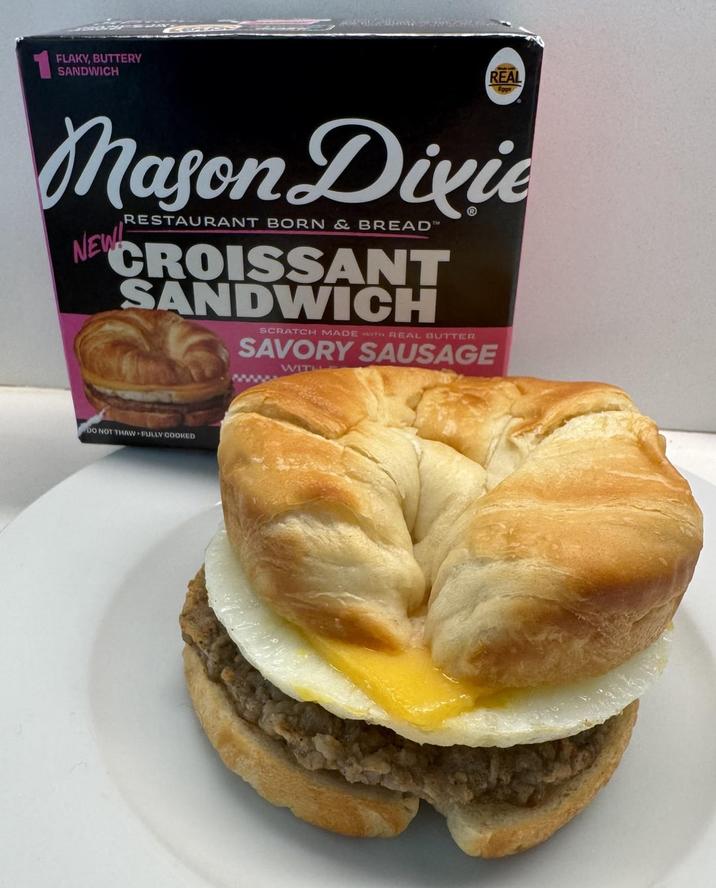 FLAKY, BUTTERY SANDWICH REAL Eggs Mason Divie NEW! RESTAURANT BORN & BREAD™ CROISSANT SANDWICH SCRATCH MADE WITH REAL BUTTER SAVORY SAUSAGE WIT DO NOT THAW FULLY COOKED