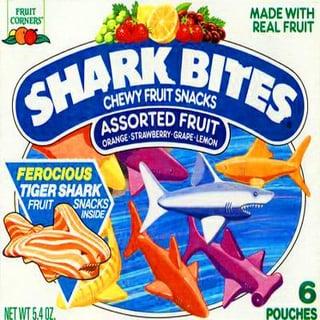 FRUIT CORNERS MADE WITH REAL FRUIT BITES CHEWY FRUIT SNACKS ASSORTED FRUIT ORANGE STRAWBERRY-GRAPE LEMON, FEROCIOUS TIGER SHARK FRUIT SNACKS INSIDE NET WT 5.40Z. 6 POUCHES