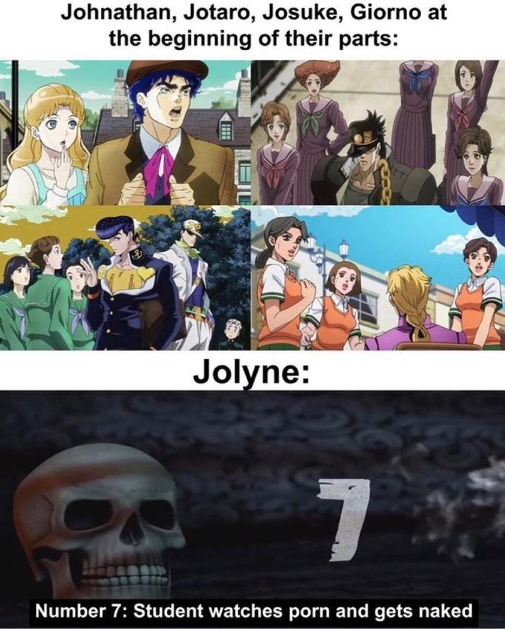Johnathan, Jotaro, Josuke, Giorno at the beginning of their parts: F A Jolyne: 7 Number 7: Student watches p--- and gets naked
